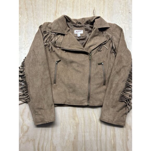 Arizona Jean Co Jacket Womens XL Tan Fringe Western Cowgirl Rodeo Faux Suede - Picture 1 of 6